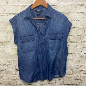 Nine West Blue Chambray Tie Up Popover Top